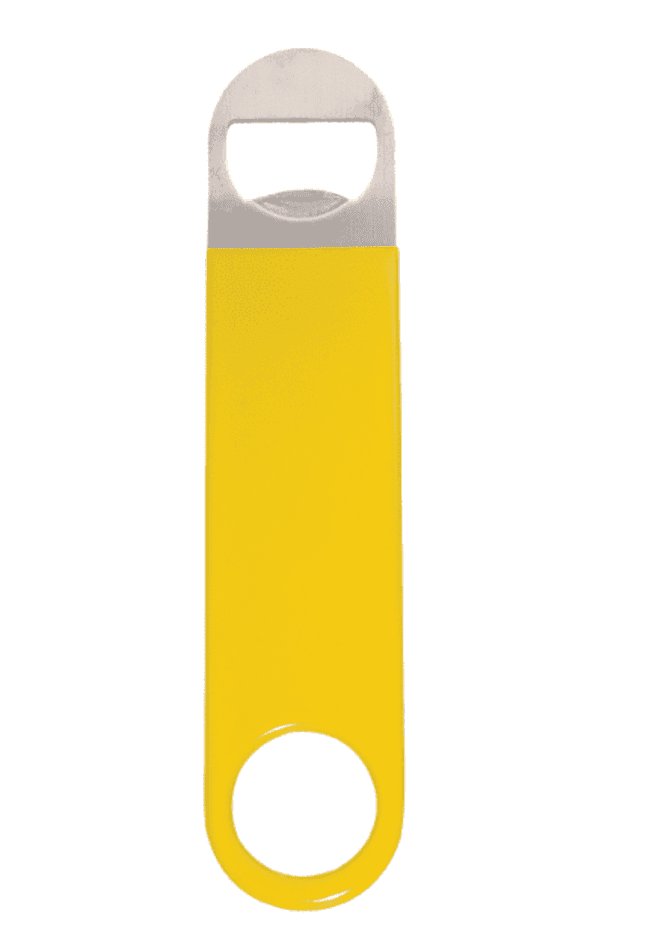 A yellow vinyl wrapped paddle-style bottle opener with a stainless steel opener at one end and a circular keyring attachment.