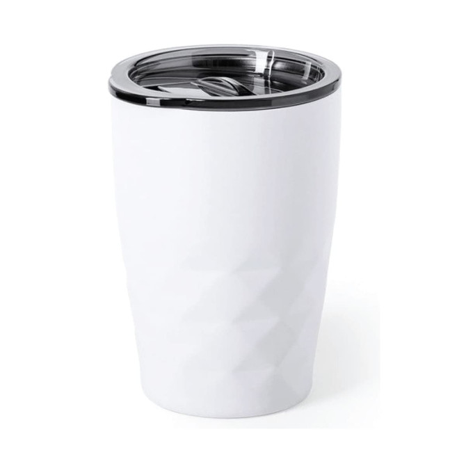 A drink bottle featuring a white, diamond cut design with a sleek chrome lid and a logo.