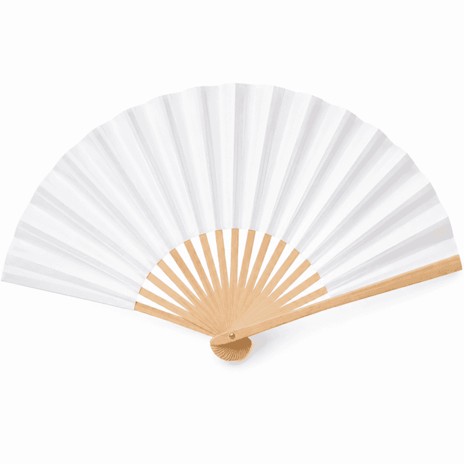 A foldable paper fan in white with a bamboo handle, featuring a classic design and a smooth finish.