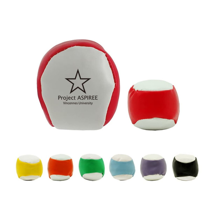 A collection of colourful hacky sacks in various colours, including red, yellow, green, purple, and black, with a logo.