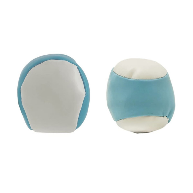 A hacky sack with a light blue and white design, featuring a soft fabric exterior and a round shape.