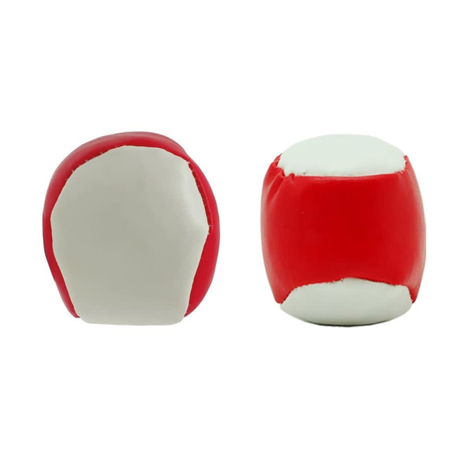 A colourful hacky sack, featuring red and white panels, designed for fun and games. It has a smooth, rounded shape.