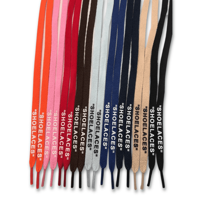 A variety of printed shoelaces in multiple colours, featuring a logo on each lace.