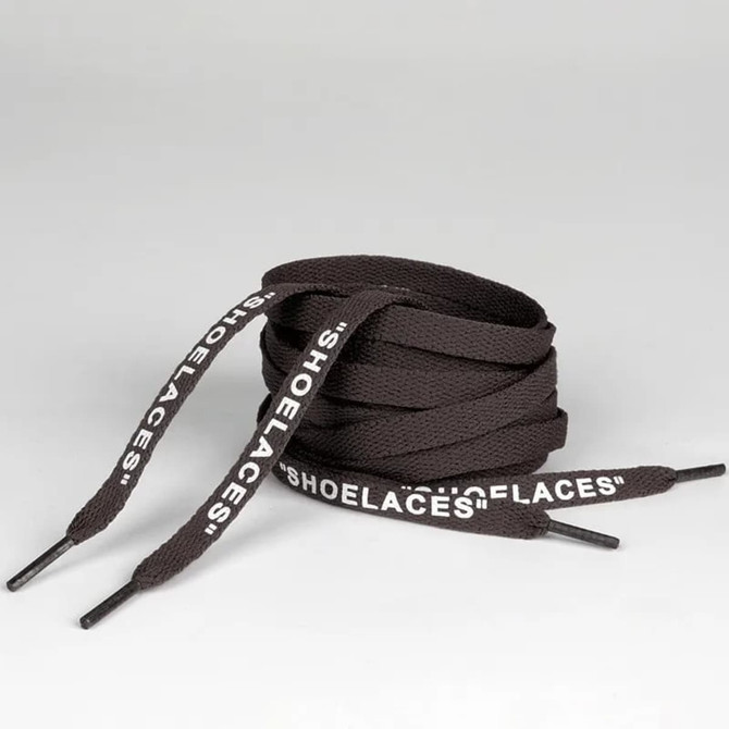 Dark brown shoelaces with ends featuring white text and a logo, neatly coiled for display.