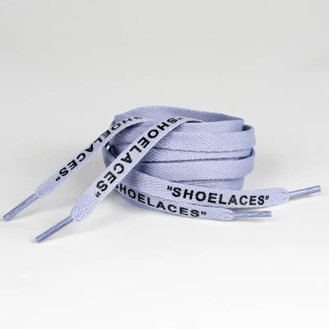A pair of light blue shoelaces with the word "SHOE LACES" printed along the length, featuring a branding logo.