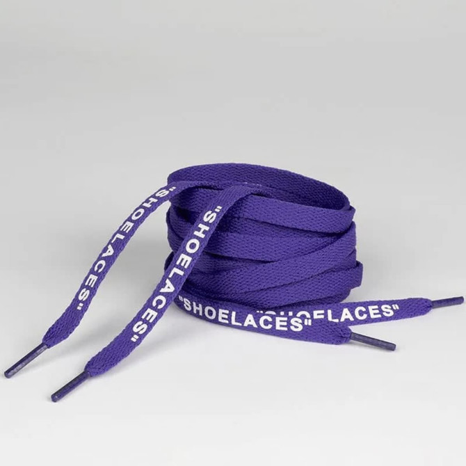 Purple printed shoelaces with a branding logo, coiled neatly. Ideal for adding a pop of colour to footwear.