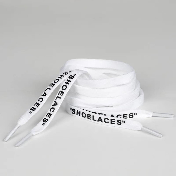 White shoelaces with black text, neatly arranged in a coiled shape, featuring a branded logo.