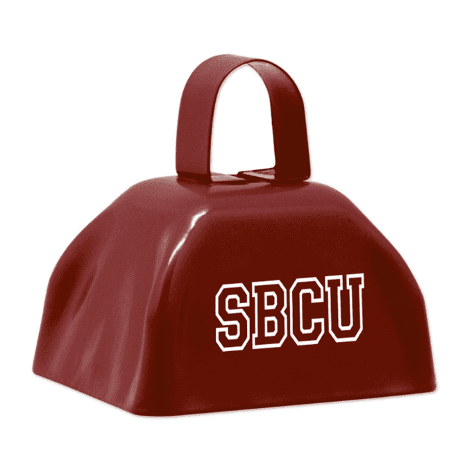 A classic cow bell in maroon with a handle, featuring a logo on one side.
