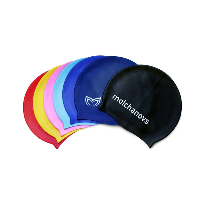 A variety of silicone swimming caps in blue, black, red, yellow, pink, and purple, featuring a logo on one cap.