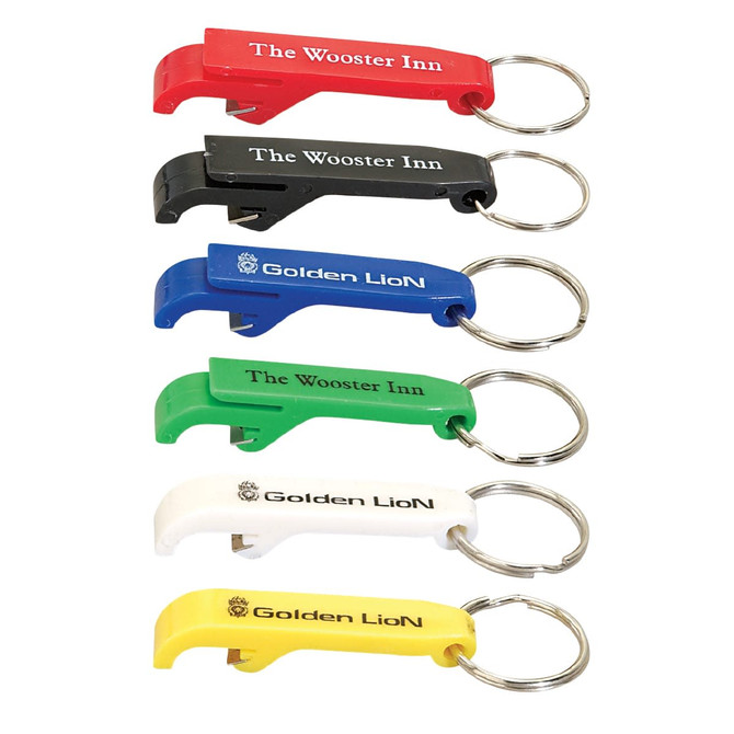 A drink bottle opener keyring collection featuring red, black, blue, green, and yellow options, each with a logo.