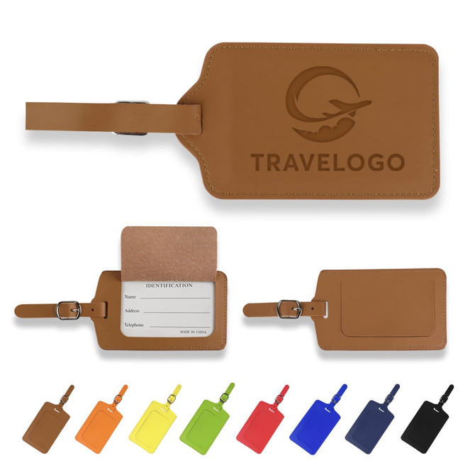 A PU leather luggage tag in brown with a buckle strap, featuring a logo and several colour variations below.