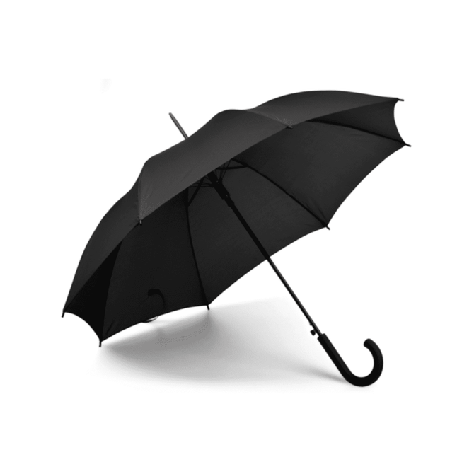 A black umbrella with a curved handle, featuring a simple design and a sturdy structure.
