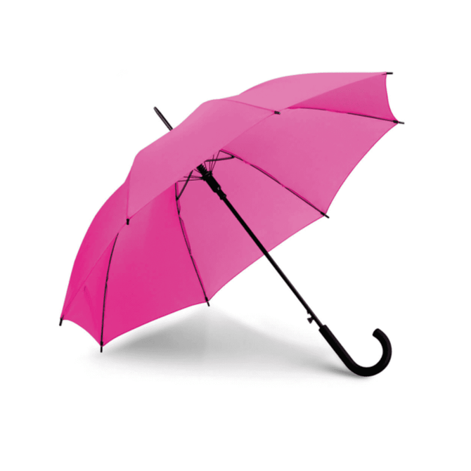 A pink umbrella with a black handle and frame, featuring a logo on the canopy.