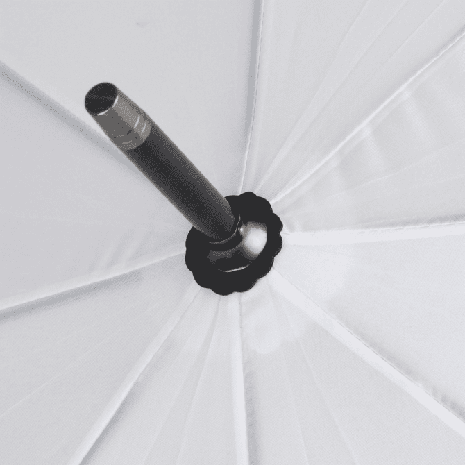 A white umbrella with a metallic black handle and a circular base, showcasing the interior design and structure.