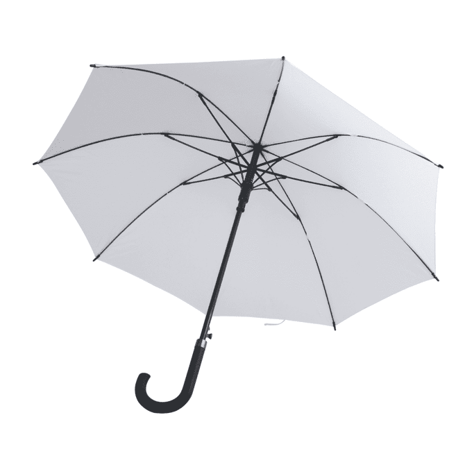 A white umbrella with a curved black handle and a sturdy frame, featuring a logo on the canopy.