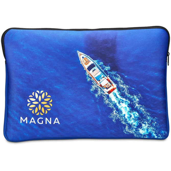 A premium neoprene laptop sleeve featuring a vibrant blue design with an image of a boat and a logo.