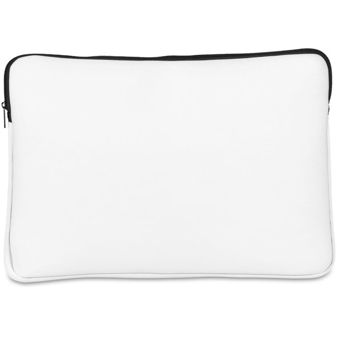 A premium white neoprene laptop sleeve with a black zipper, featuring a plain design and a logo.