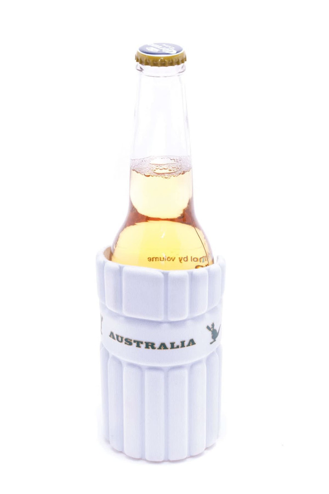 A drink bottle in a white stubby cooler, designed to resemble a cricket pad, featuring a logo and the word 'Australia'.