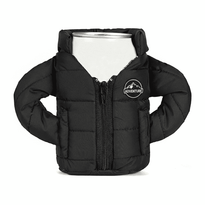 A black puffer jacket-styled stubby holder with arms, featuring a logo, designed for drink cans.