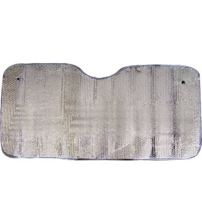 A foldable car sunshade in silver with a textured surface, featuring cutouts for rear-view mirrors and a logo.