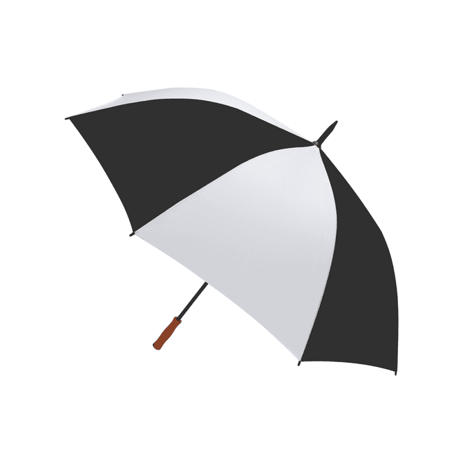 A two-toned black and white golf umbrella with a wooden handle and a curved design.