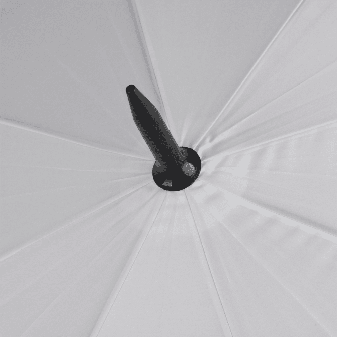 A white golf umbrella with a black handle, showcasing the underside and structure of the umbrella.