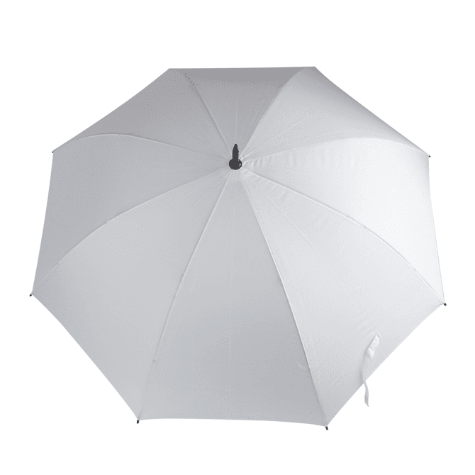 A white golf umbrella with a central pole and a black handle. It features an umbrella design and has a logo.