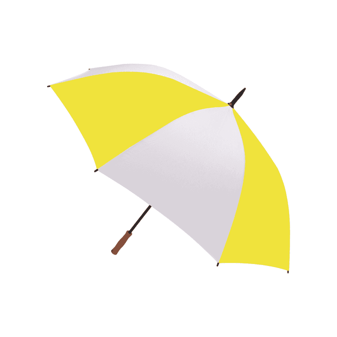 A golf umbrella featuring a yellow and white design with a wooden handle and a logo on the canopy.