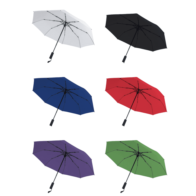 A selection of umbrellas in white, black, blue, red, purple, and green, featuring a logo on the handle.