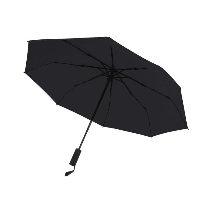 A black umbrella with a curved handle and a standard eight-panel design, featuring a logo.
