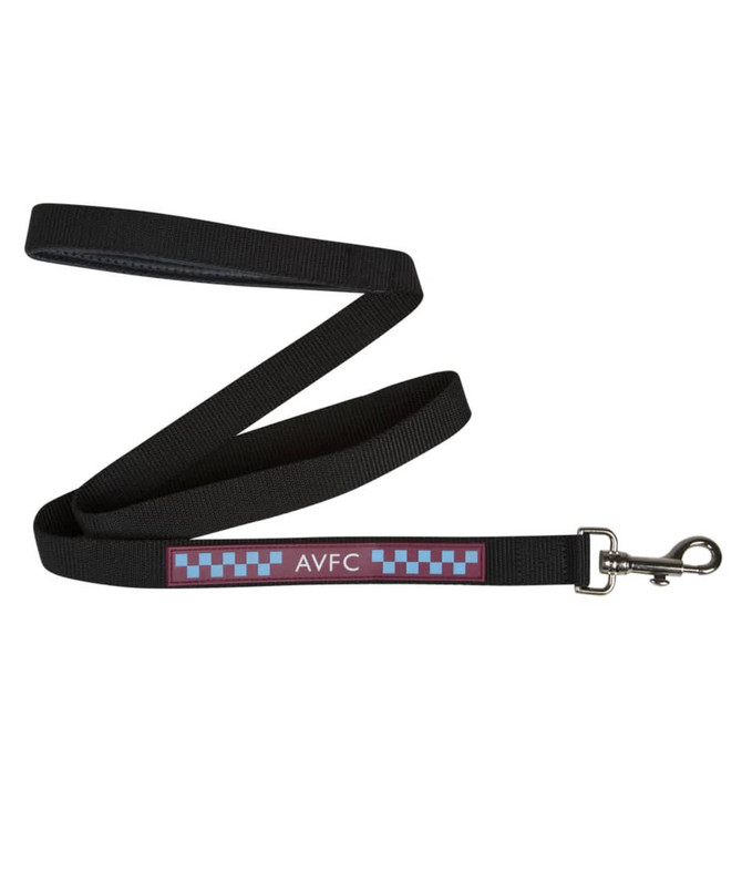 A black dog lead with a clip and a rectangular logo featuring a patterned design.