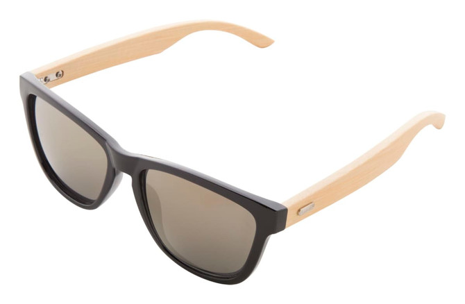 Sunglasses featuring a black front and wooden-style arms, with a logo on the side.