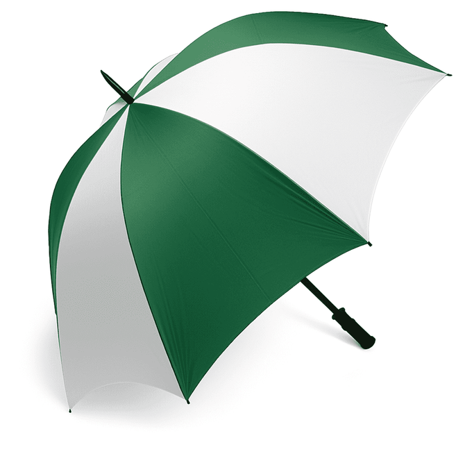A green and white golf umbrella with a curved handle and a branding logo.