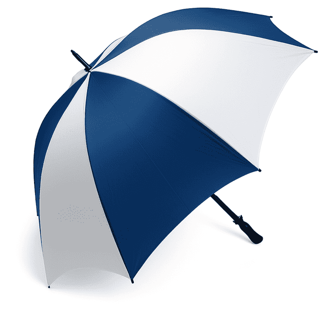 A golf umbrella featuring a blue and white design, with a sturdy handle and a logo on the shaft.