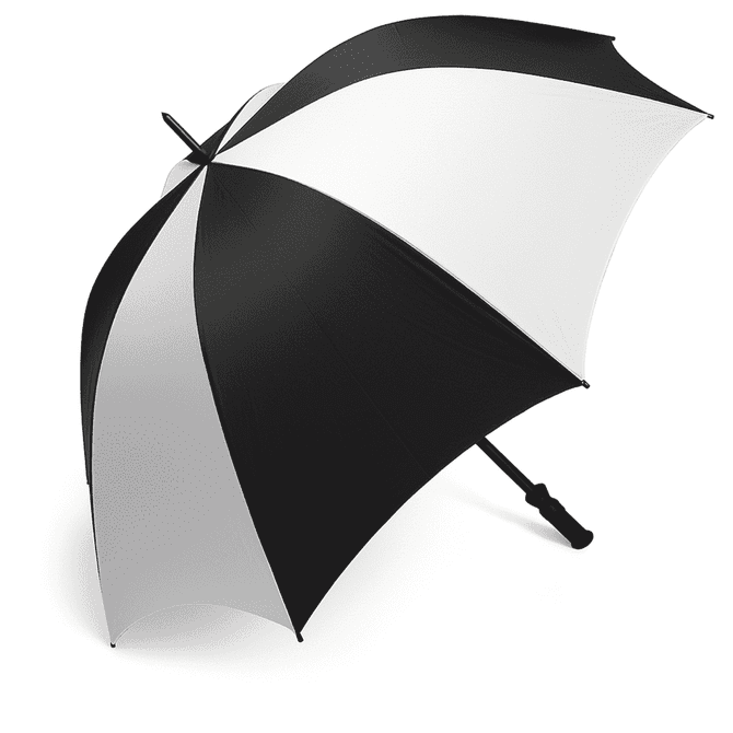 A black and white golf umbrella with a sturdy handle and a logo on the canopy.