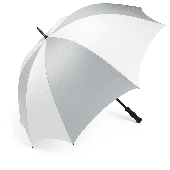 A large grey and white golf umbrella with a black handle and a logo on the shaft.