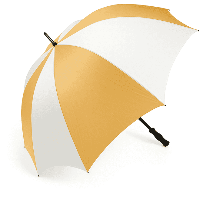 A large golf umbrella with a yellow and white canopy and a black handle. It features a logo on the canopy.