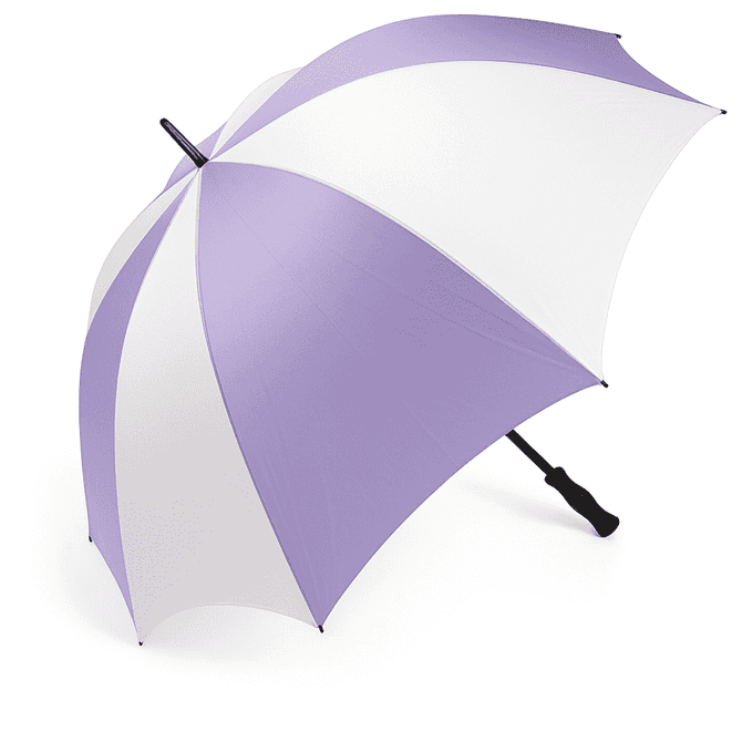 A large golf umbrella in purple and white, featuring a sturdy handle and a logo on the canopy.