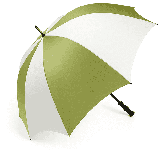 A large golf umbrella with green and white panels and a black handle. It features a logo on the shaft.