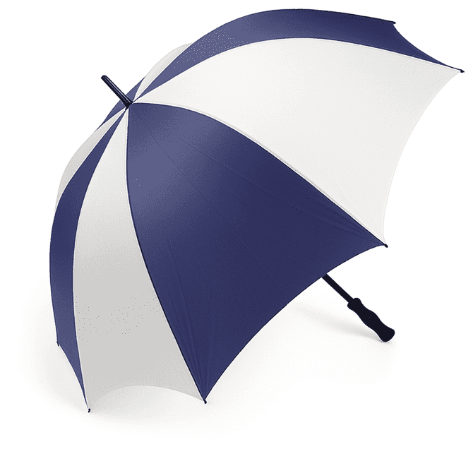 A navy and white golf umbrella featuring a sleek design and a handle with a grip. It has a branding logo.