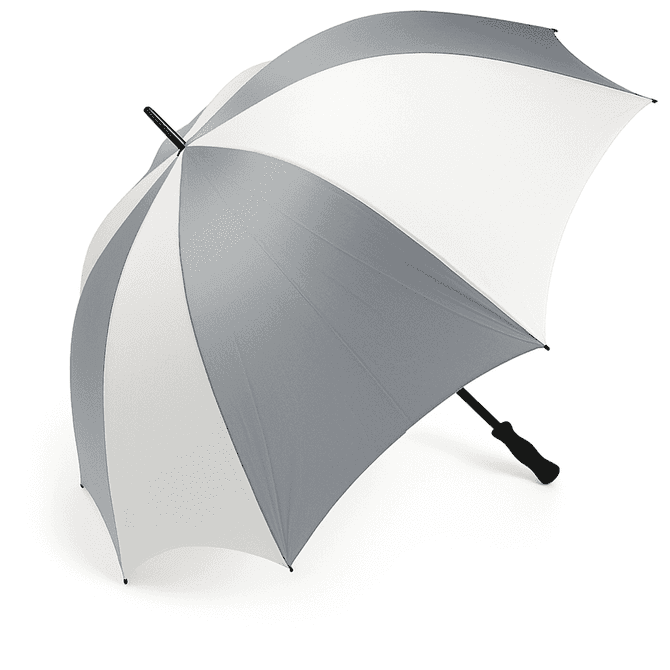 A large golf umbrella in grey and white, featuring a black handle and a logo on the canopy.