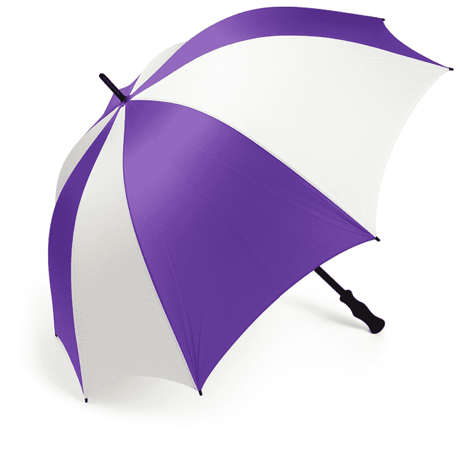 A large golf umbrella featuring a purple and white striped design with a black handle. It has a logo on the fabric.