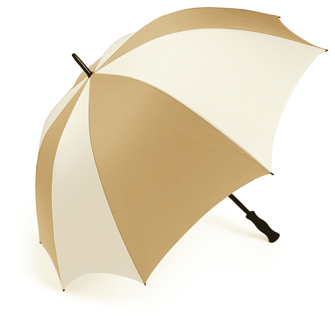 A large golf umbrella in cream and light brown with a black handle and a branding logo.