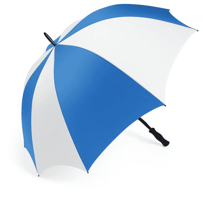 A blue and white striped golf umbrella with a black handle, featuring a logo on the canopy.