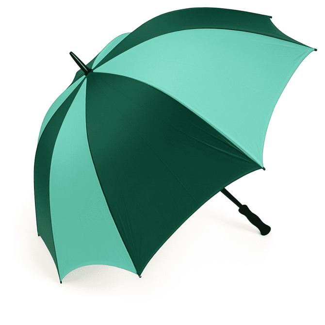A green and cyan golf umbrella with a curved handle and a large canopy, featuring a logo.
