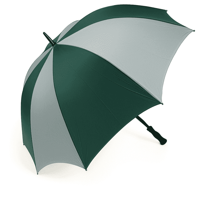 A large golf umbrella in dark green and light grey, featuring a curved handle and a logo on the canopy.