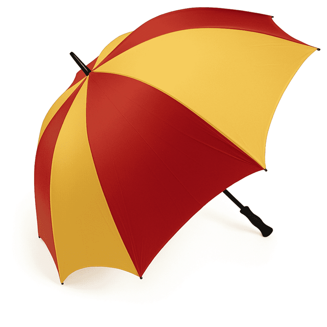 A large golf umbrella featuring alternating red and yellow panels, with a black handle and a logo.