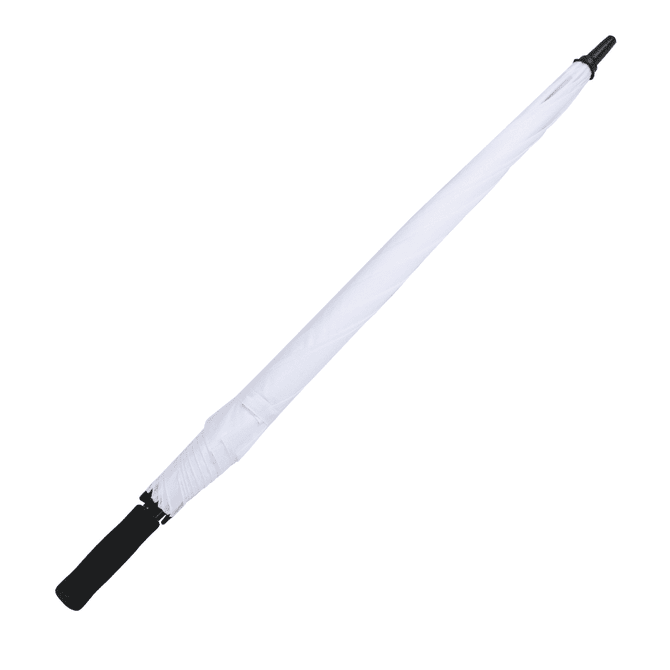 A white golf umbrella with a black handle, featuring a textured grip and a sleek design.