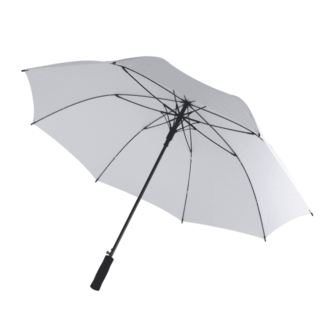 A golf umbrella with a white canopy and a black handle, featuring a structural frame.