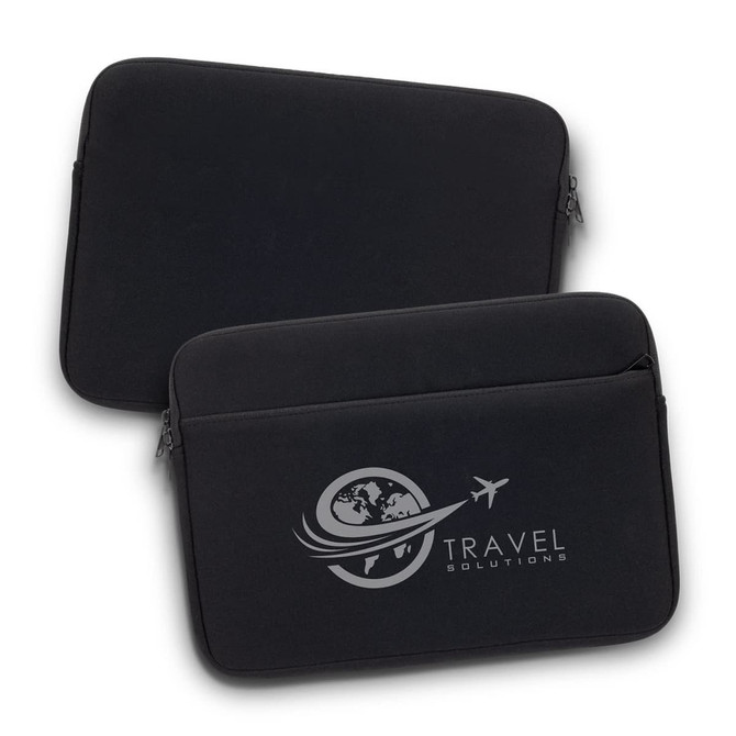 A black laptop sleeve featuring a logo on one side, designed to protect devices.